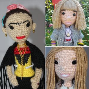 Collage of AmiguruMe dolls featuring jewelry - Frida Kahlo, Robin Sparkles, and Allison from Hocus Pocus.